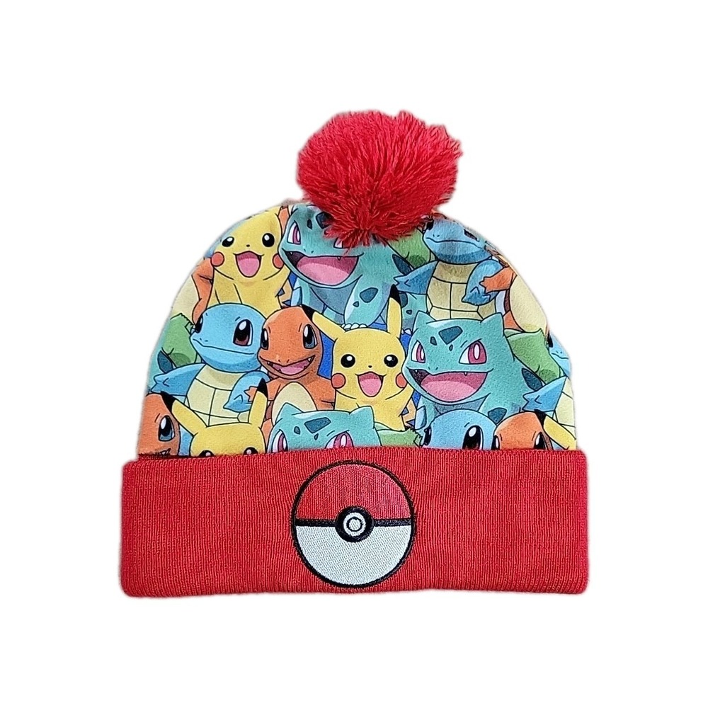 Pokemon Pikachu Pom Pom Beanie Hat Kids One Size Multicolor Knitted‎ Cuffed